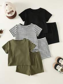 SHEIN Bộ 6 món áo thun ngắn tay và quần short in hình gấu bông dễ thương cho bé trai/bé gái, bộ quần áo mùa hè cho bé trai, phong cách đường phố. - Nhiều màu - Xem 2