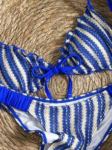 Swim Mod Blue And White Striped Textured Fabric Ruched Front Tie Bow 2-Piece Bikini Set,Summer Casual Beach Holiday Vacation Holiday Bathing Suits For Women - Royal Blue - View 3