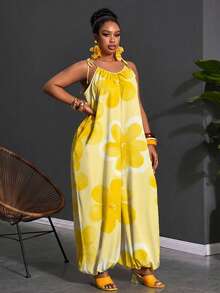 Slaydiva Plus Size Women Floral Print Pocketed Tie-Waist Jumpsuit, Loose Fit Zoey Outfit Spring Outfits For Women Dresses Zoo Outfits Women - Multicolor - View 4