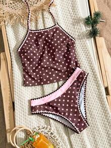 Swim SPRTY Swim Lushore 2件組夏季海灘女款隨機花卉波點分體式比基尼上衣，收腹顯瘦，搭配比基尼短褲，貝殼花朵裝飾細肩帶比基尼泳衣套裝 - 彩色 - 查看 4