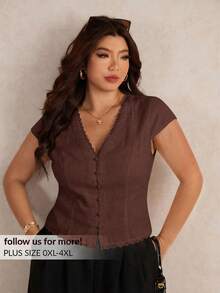 Elaquor Blusa de talla grande de verano, de unicolor con adorno de encaje - Marrón - View 1