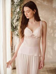 MOTF PREMIUM Bộ đồ ngủ nữ bằng vải cotton phối ren gồm áo hai dây và quần dài, mùa xuân/hè. - Màu Hồng baby - Xem 2