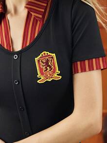 HARRY POTTER X SHEIN Women's Striped Short Sleeve Single-Breasted Mini Dress,College Badges,Back To School - Black - View 9