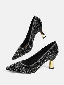 CUCCOO TILAWA Four Seasons Ladies Elegant Luxury Rhinestone High Heels Shopping Party Commuter Office Fashion Pointed Double Heel Women's High Heels - Black - View 7