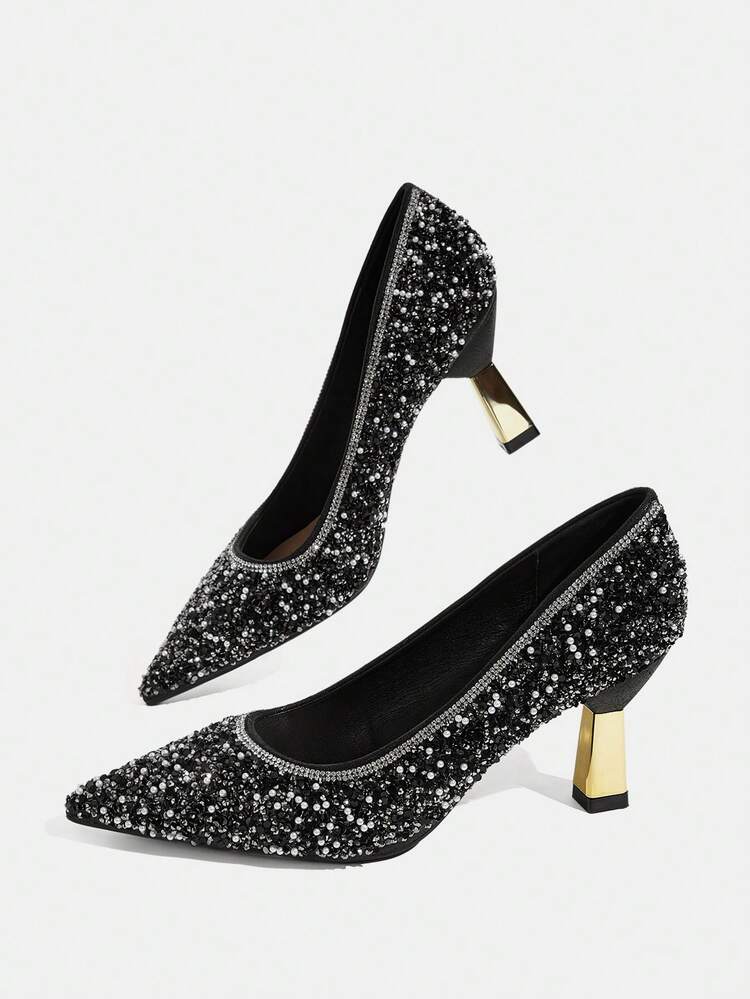 CUCCOO TILAWA Four Seasons Ladies Elegant Luxury Rhinestone High Heels Shopping Party Commuter Office Fashion Pointed Double Heel Women's High Heels