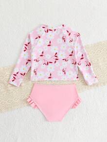SHEIN Đồ bơi mùa xuân/hè cho bé gái, hàng mới về, áo hai dây và bikini, áo bơi cổ tròn tay dài, quần bơi màu tím nhạt trơn, họa tiết hoa nhí kiểu Rococo ngọt ngào với viền bèo nhún màu pastel. - Nhiều màu - Xem 2