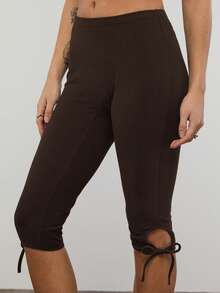 COUREZ Mid Rise Capri Leggings With Tie Hem Detail/Y2K Summer Clothes For Women Spring Outfits Bottoms Capris Black - Coffee Brown - View 5