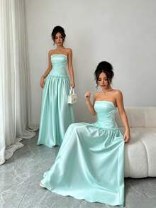 Selianne 2026 New Strapless Pastal Dress, High-End French Lightweight Wedding Golf Dress, Luxury Niche Elegant Sexy Banquet Evening Gown Summer - Blue - View 3