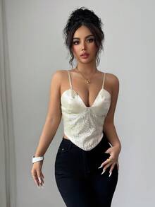 Elenzga Áo tank top crop top dây mảnh màu sâm panh gợi cảm đính sequin, áo camisole ôm sát tôn dáng thanh lịch dự tiệc. - Rượu sâm banh - Xem 5