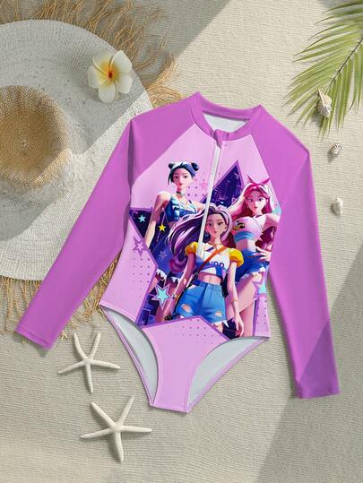 SHEIN Costum de baie dintr-o singură piesă pentru fete Tween, cu imprimeu portret în blocuri de culori și fermoar în față, pentru vacanță de vară la plajă
