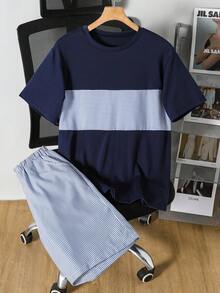 SHEIN 2件套青少年男童夏季撞色字母拼接圆领短袖T恤和户外休闲时尚3D字母运动短裤 - 藏蓝色 - 查看 7