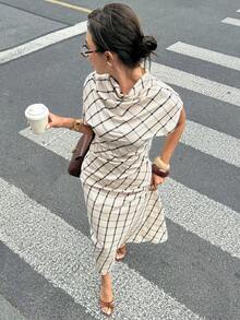 Siren Gaze Đầm kẻ caro tay cánh dơi bất đối xứng mùa hè mới, đầm dài thanh lịch thường ngày, đầm dự tiệc cưới, đầm dự tiệc cocktail. - Màu be - Xem 5