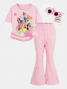 1 set pentru fete, prințesă drăguță cu desene animate, culori strălucitoare și imprimeu cu fulgi de zăpadă cu sclipici, tricou și pantaloni evazați cu mânecă scurtă, casual, confortabil, moale, cu guler rotund, potrivit pentru fete, zi de zi de primăvară/vară, sărbători, festivaluri, atmosferă de primăvară, atmosferă de vară, set de primăvară/vară, relaxat și confortabil, set la modă pentru fete, ținută casual, set de tricou pentru copii cu model dulce de prințesă cu desene animate, set de primăvară/vară, nou-venit, relaxat și plăcut, atmosferă de primăvară, vară proaspătă - Multicolor - Vizualizare 3