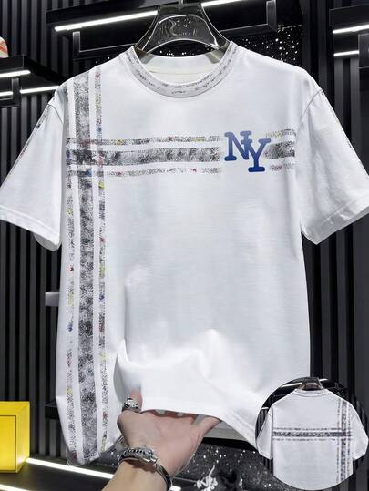 Glimmora American Luxury Style NY Letter Print Colorful Stripe Short Sleeve T-Shirt, Casual Minimalist NY Letter Print Contrast Stripe White T-Shirt, Streetwear NY Letter Colorful Stripe Print Casual T-Shirt, Korean Chic NY Letter Contrast Stripe Print Versatile Men's Short Sleeve T-Shirt Retro Luxury NY Letter Line Print Men's T-Shirt Summer Refreshing NY Letter Print Colorful Stripe Casual White T-Shirt