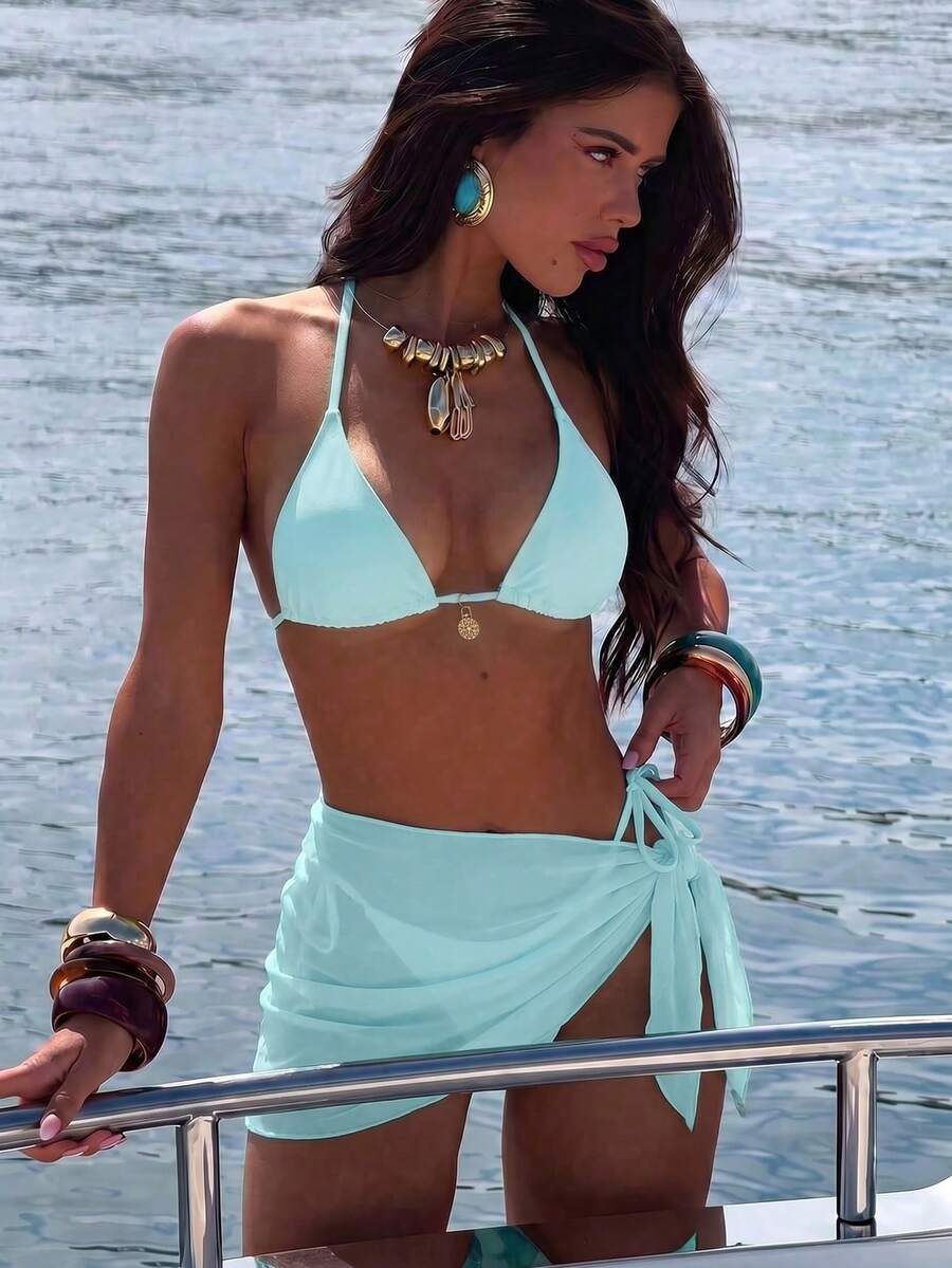 Swim Vcay Conjunto de biquíni sexy de 3 peças com colar de metal de cor sólida e amarração nas costas, ideal para férias na praia. - Azul - Ver 1