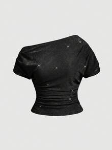 SHEIN MOD Top de punto con hilo metálico para mujer talla grande, top de hombro asimétrico, top de tela brillante para primavera/verano - Negro - Ver 5