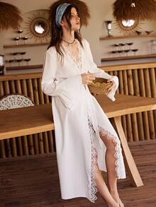 Lullawish Bohemian Resort Style Palace Water-Soluble Lace Patchwork Double Ruffle Cuff Solid Color Long Women Robe - White - View 5