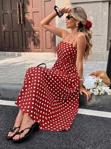 SHEIN PariChic 女士法式度假休闲波点印花吊带连衣裙，春夏款 - 紅色 - 查看 5