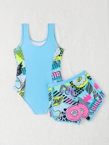 SHEIN Tween Girl Graffiti Print One-Piece Swimsuit With Shorts, Suitable For Swimming, Vacation, Summer (Print Randomly) - Baby Blue - View 2