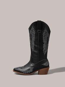Styleloop Giày bốt nữ sinh trung học màu nâu thêu họa tiết, bốt cao bồi mũi nhọn gót thô, bốt hiệp sĩ, bốt da thêu họa tiết dành cho người đi xe máy. - Da đen - Xem 3