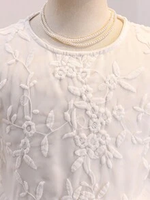 Girls White Mesh Lace Dress,Round Neck Cap Sleeve Textured Waist Elegant Summer Princess Dress,Suitable For Wedding Flower Girl Formal,Parties - White - View 5