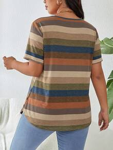 SHEIN LUNE Plus Size Casual Modest Traditional Whimsical Colorblock Striped Short Sleeve T-Shirt Bussines Office Vacation Dusty Blue Summer - Multicolor - View 2