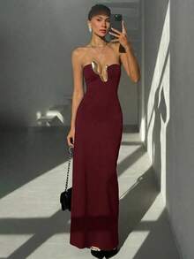 Aloruh Đầm ống ôm sát trang nhã dành cho nữ với họa tiết kim loại. - Màu Đỏ Sâu - Xem 6