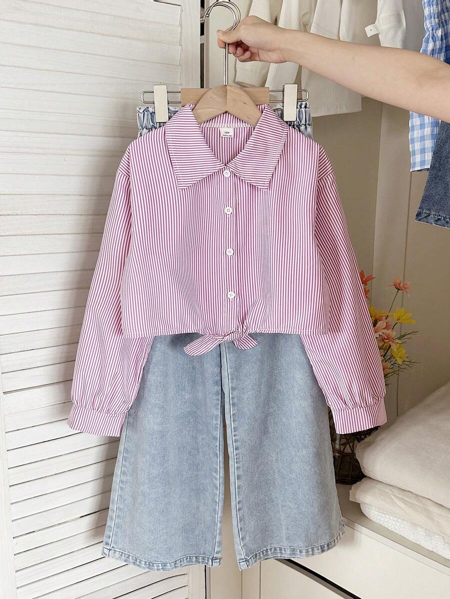 SHEIN Vintaside Kids 少女春季粉白条纹学院风翻领衬衫,适合日常外出、校园穿着、朋友聚会、派对、情人节等场合。 - 彩色 - 查看 1