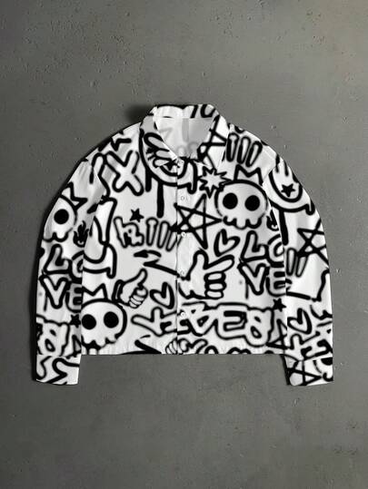 StoneGrade Retro Cartoon Graffiti Print Casual Loose Fit Cropped Long Sleeve Shirt For Men, Fashion Streetwear Suitable For Dating, Parties, Gift For Boyfriend
