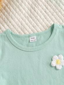 SHEIN Playful Pals 女婴/幼儿碎花圆领短袖T恤和格子裤套装 - 薄荷綠 - 查看 7