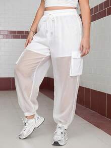 SHEIN EZwear 大码休闲运动裤，带口袋，适合日常穿着，白色 - 白色 - 查看 1