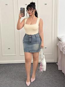CovetEZ Plus Size Women's Basic Casual Daily Solid Color Round Neck Beige Tank Top, Spring/Summer - Apricot - View 6