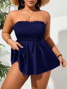 Swim Lushoire Plus Size Women Summer Beach Vacation Solid Color Bust Gather Tankinis Swimwear - Navy Blue - View 5