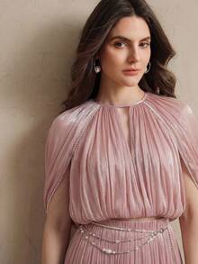 Anewsta Women's Solid Color Pleated Cape Sleeve Elegant Blouse - Dusty Pink - View 3
