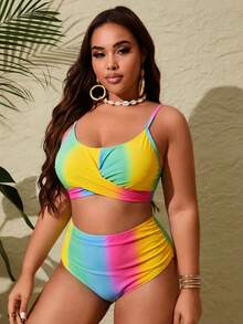 Slaydiva Conjunto de tankini de traje de baño con pliegues cruzados en degradado de talla grande - Multicolor - Ver 3