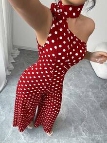 GlowEve CURVE Plus Size Women's Elegant Black & White Polka Dot Asymmetrical Shoulder Jumpsuit, Suitable For Commuting, Spring/Summer - Red - View 5