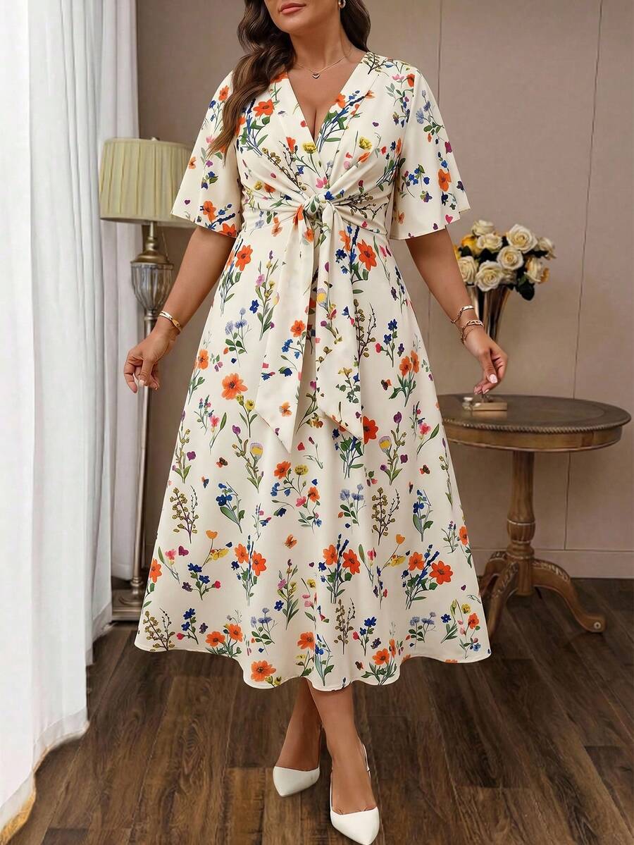 Auvina Vestido maxi de línea A con cuello en V, volantes y mangas cortas, con cintura anudada, para uso diario, talla grande - Multicolor - Ver 1