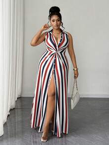 Maweii Plus Size Women's Elegant Colorful Striped Casual Striped Knit Twist Design Long Dress - Multicolor - View 5
