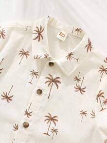 Cozy Pixies Young Girl Coconut Tree Pattern Polo Collar Short Sleeve Cardigan And Elastic Waist Shorts 2 Pieces Set - Khaki - View 3