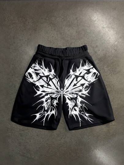 Manfinity ZONE917 Loose Goth Style Thorns & Hollow Butterfly Print Black & White Drawstring Shorts