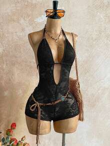 Soleia Plus Size Women Lace Deep V Sexy Halter Romper Beach Vacation Black Summer - Black - View 3