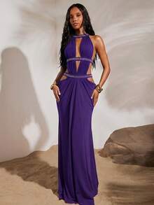 Opulessa Vestido de punto de unicolor con malla calada y espalda descubierta para mujer, adecuado para vacaciones de primavera/verano - Morado - Ver 4