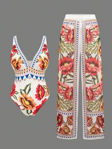 Swim Oasis Women's Deep V-Neck Vintage Printed One-Piece Swimsuit & Wide Leg Pants 2pcs Set - White - View 3