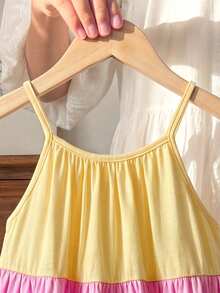Young Girl Vacation Casual Street Chic Halter A-Line Color Block Splice Dress, Suitable For Vacation, Beach, Seaside - Multicolor - View 3