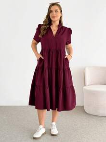 Shapeblank Đầm midi ngắn tay màu đen cơ bản, thoải mái, rộng rãi, đa năng dành cho nữ cỡ lớn mùa xuân/hè, trang phục mùa hè, đầm có túi, đầm thanh lịch, đầm đen cơ bản. - Màu Đỏ Sâu - Xem 5