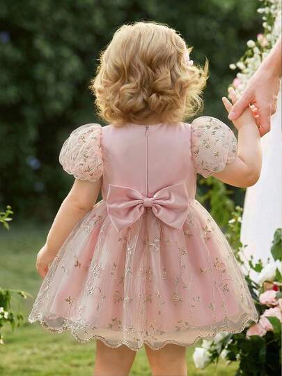 SHEIN Glamorique Kids Baby Girls' Elegant Chic Peach Mesh Puff Sleeve Pearl Collar Waist Cinched Cute Bow Detachable Layered Ruffle Hem Dress, Formal Occasion