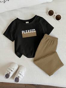 SHEIN 2pcs Baby Boys/Girls Cute Casual Waffle Fabric Short Sleeve Pants Pajama Set, Suitable For Home, Daily Wear And Outings, Spring/Summer - Multicolor - View 1