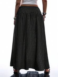 SHEIN EZwear 女款休閒極簡黑色格紋側綁帶長裙/長裙/格紋裙/格子裙/黑色裙 - 黑色 - 查看 2
