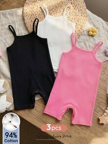 Cozy Pixies 3件組女嬰夏季可愛純色彈性細肩帶連身褲，彩色 - 彩色 - 查看 2