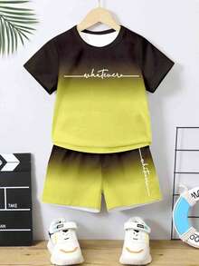 Bộ 2 món cho bé trai, áo thun ngắn tay và quần short in chữ màu đen vàng chuyển sắc, kiểu dáng thường ngày, thoải mái, phù hợp cho mùa xuân, hè và thu. - Nhiều màu - Xem 4